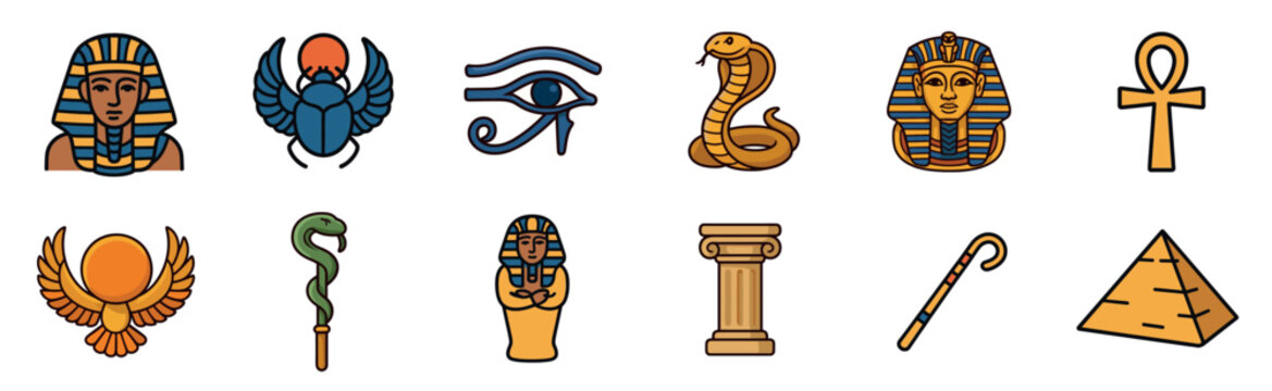 Collection of ancient Egyptian icons and symbols featuring a pharaoh, scarab, Eye of Horus, ankh, and pyramid in a colorful cartoon style with bold outlines for design