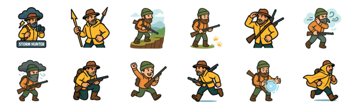 Set of twelve cartoon hunter character illustrations in various poses and actions for adventure or gaming concepts, showing different emotions and equipment like rifles and spears