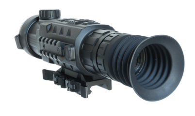Rear view of a high powered scope for shooting that uses thermal for night vision isolated on a transparent png background