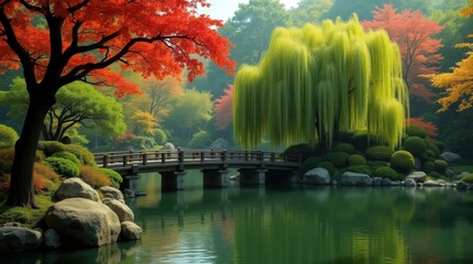 Serene autumn garden with bridge