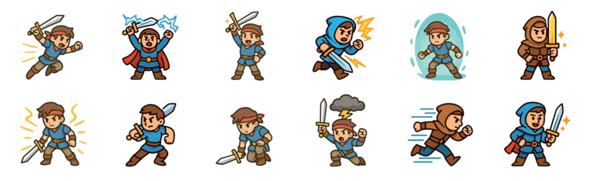 Fototapeta Set of twelve cute chibi warrior characters in different dynamic poses, holding swords and using magic for a fantasy role-playing game adventure illustration
