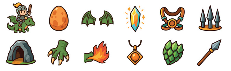 Collection of cute fantasy game icons showing a knight riding a dragon, an egg, wings, a magic crystal, a cave, fire breath, and various medieval adventure items