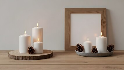 Minimalist Arrangement of White Candles and Pinecones on Wooden Surface Keywords: candles, white, burning, lit, pinecones, arrangement, minimalist