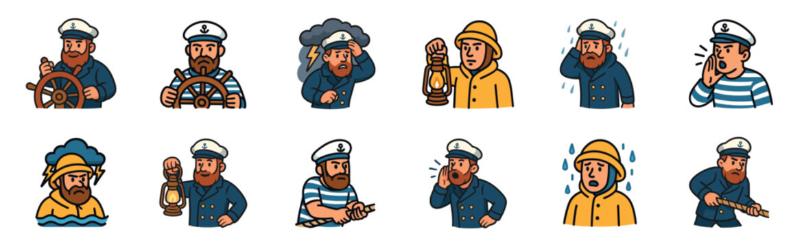 Cartoon sailor character illustration set showing a bearded captain and mariners in various poses and emotions, from steering a ship's wheel to facing a stormy sea