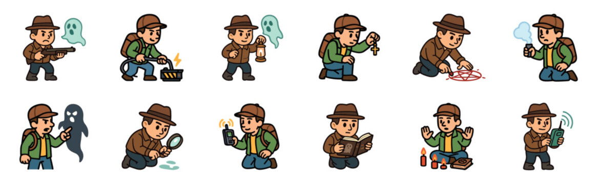 Set of paranormal investigator cartoon characters in various poses for ghost hunting, using equipment like a trap, crucifix, and detector in a cute, simple vector art style