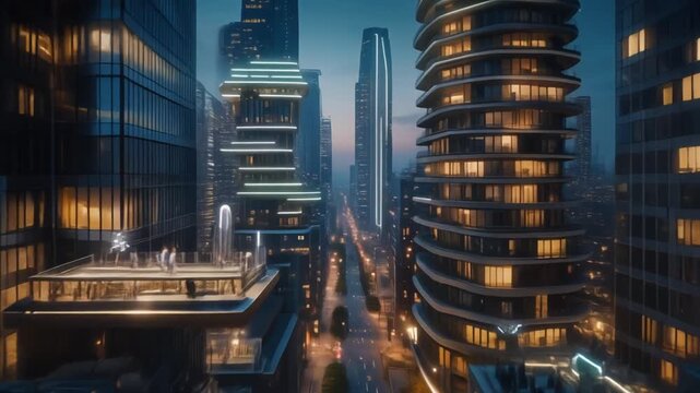 Cinematic Aerial Footage at Dusk Showing a Futuristic City Where Humans and Technology Coexist