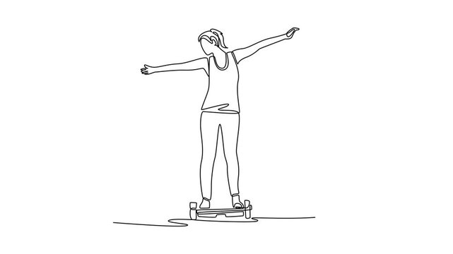 Self drawing animation of single line draw woman balancing on personal hoverboard with her arms spread wide. Freedom, urban lifestyle, futuristic micro-mobility. Continuous line. Full length animated