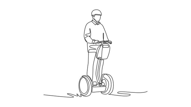 Self drawing animation of single line draw man wearing helmet and jacket, standing on Segway-style transporter. Efficient personal transport in urban environment. Continuous line. Full length animated