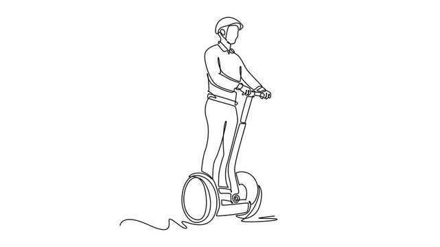 Animated self drawing of continuous line draw man wearing helmet standing upright on two-wheeled Segway. Safe, modern, efficient personal transport urban environment. Full length one line animation
