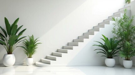 Modern staircase with potted plants