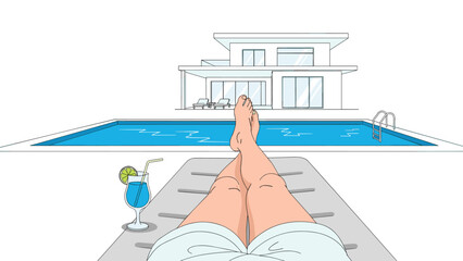 Obraz premium Relaxing poolside with a refreshing blue cocktail and modern villa in the background evokes a sense of luxurious summer vacation.