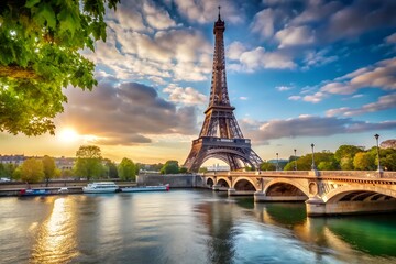 Fototapeta premium Eiffel Tower in Paris at night with city skyline and Seine River