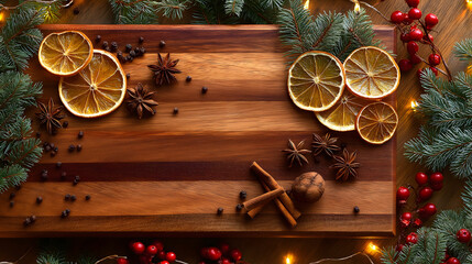 Clean wooden chopping board with Cinnamon sticks, Spices, Dried oranges, Pine Tree Leaves, and wild berries placed on a clean table for Feast Preparation - Thanks giving, Christmas, New year dinner