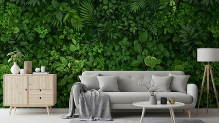 Modern Living Room With Green Wall And Sofa plants interior design