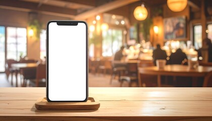 Smartphone on Wooden Table in Cafe Setting.