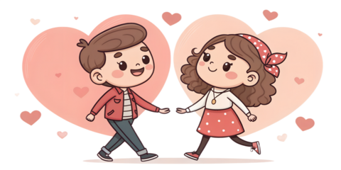 Loving couple holding hands and smiling, symbol of trust and romance. Cute Valentine’s Day cartoon illustration, isolated on transparent background.