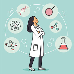Smiling scientist with crossed arms stands amidst DNA atoms molecule and laboratory equipment