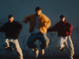 Three male dancers performing an energetic synchronized street dance jump with motion blur, expressing movement, freedom, and hip hop culture outdoors in an urban setting