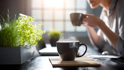 A woman elegantly sips aromatic hot drink from a white cup near a sunlit window, capturing moments of peace, relaxation and cozy, introspective living indoors during a quiet morning or afternoon break