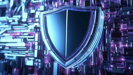 Ultra HD Glowing digital shield icon symbolizing cybersecurity, data protection, and network security in a futuristic technological environment with blue and purple neon lights video - Powered by Adobe