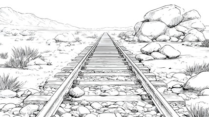 Detailed Railroad Track Drawing with Rock Background