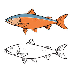 Obraz premium Detailed salmon coloring page featuring a graceful fish with flowing fins, textured scales, and gentle river waves. Clean outlines inspire creativity, perfect for kids and adults to color. 