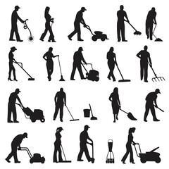 Naklejka premium Several people maintain property using various tools like rakes, mowers, and sweepers in silhouette