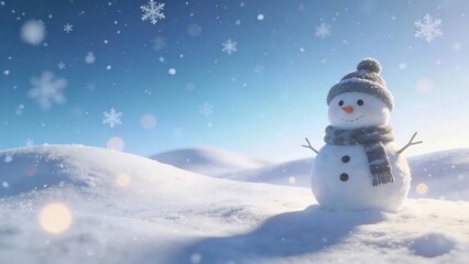 Fototapeta premium A snowman stands alone in a serene winter landscape
