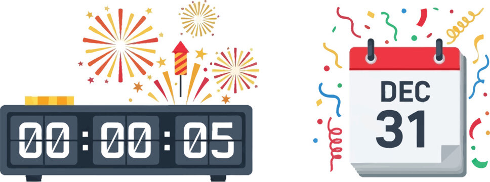 New Year countdown icon set featuring digital clock, fireworks, and calendar, festive vector flat style