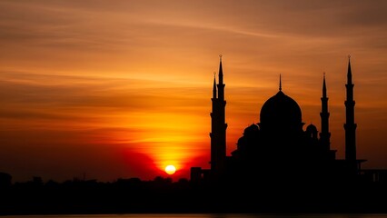 Mosque Silhouette at Sunset with Vibrant Orange Sky (77) stock