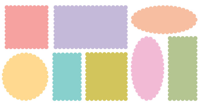 Geometric shapes with scallop and zigzag edges set. Silhouette stickers circle, square, oval and rectangle labels. 