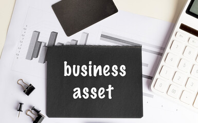 Black card with text business asset on office desk with financial charts and calculator, representing corporate value