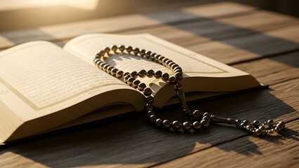 Open Quran with prayer beads on a wooden surface Islamic book holy book