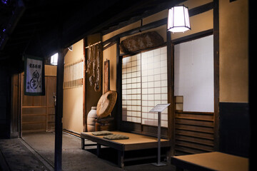 Kyoto. Traditional Japanese entrance to a house, with lanterns and accessories in a rustic style