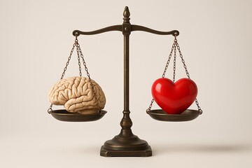 Balance Scale Weighing Human Brain and Red Heart Symbolizing Logic Versus Emotion and Rational Decision Making Concept