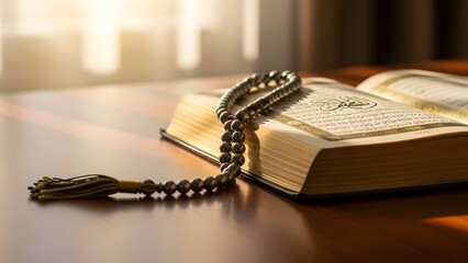 Open Quran Book with Prayer Beads on Wooden Table in Sunlight rosary