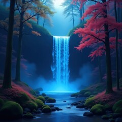 Serene forest waterfall at night