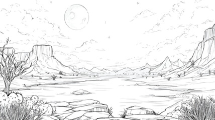 Moonlit Desert Stage Vector Illustration with Outline on White Background