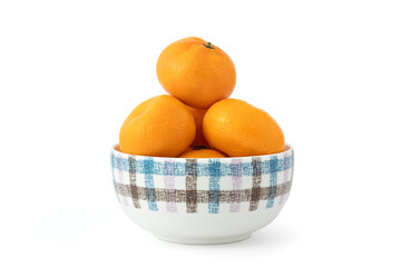 Delicious peeled ripe mandarin oranges in a bowl isolated on white background. Tropical fruits