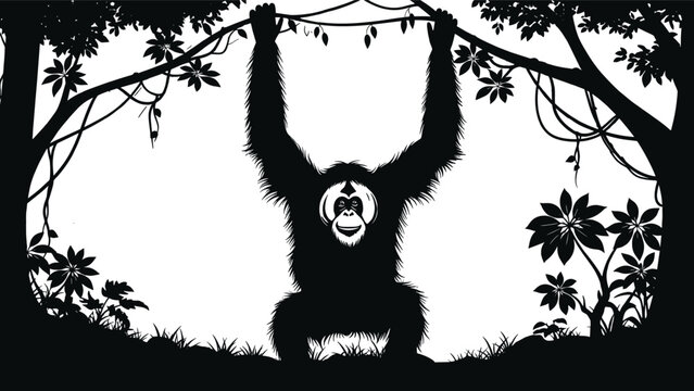 Black silhouette of orangutan hanging from tree branch orangutan, black silhouette, tree branch, jungle, forest, monkey, primate, hanging, arms raised, foliage, leaves, grass, white background, wildli