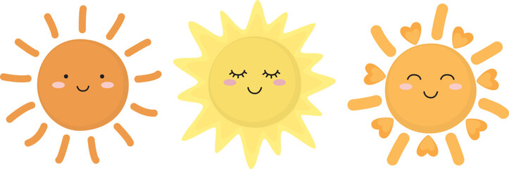 Set of three suns with smiling faces. Summer funny characters isolated on white