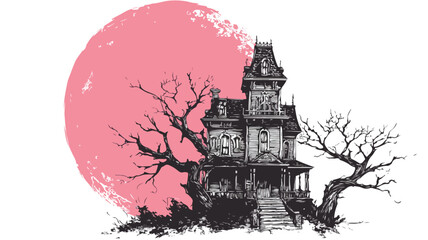 Eerie Haunted Mansion Under a Pink Moon Vector Illustration with Outline Isolated