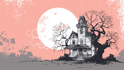 Eerie Haunted Mansion Under a Pink Moon Vector Illustration with Outline Isolated