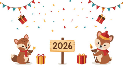 Fototapeta premium Festive new year illustration featuring adorable foxes holding sparklers and gifts with colorful decorations and a 2026 sign.