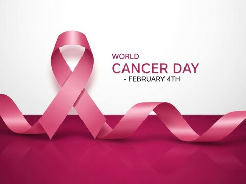 Pink ribbon symbolizing world cancer day awareness on february 4th with flowing ribbon design on white background - Powered by Adobe