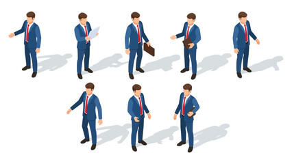 Set of isometric vector illustrations featuring a businessman character in various standing and pointing poses, wearing a blue suit and red tie, for business and corporate design
