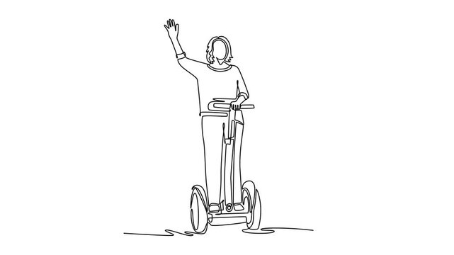 Self drawing animation of single line draw woman standing on Segway style personal transporter and raising one hand in wave. Fun, easy, futuristic micro mobility. Continuous line. Full length animated