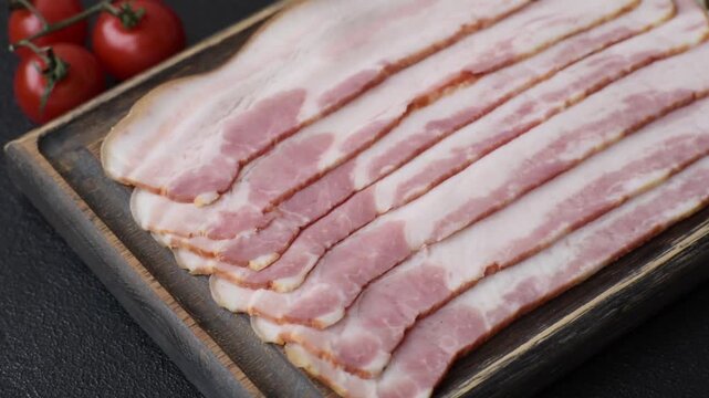 Raw smoked bacon slices, ham, jamon, or prosciutto strips for cooking. Raw bacon slices