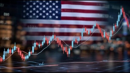 Stock market chart, financial data, and digital analytics overlay with United States flag, highlighting economy, investment trends, volatility, and uncertainty in financial market data analytics - Powered by Adobe