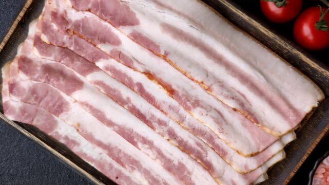 Raw smoked bacon slices, ham, jamon, or prosciutto strips for cooking. Raw bacon slices